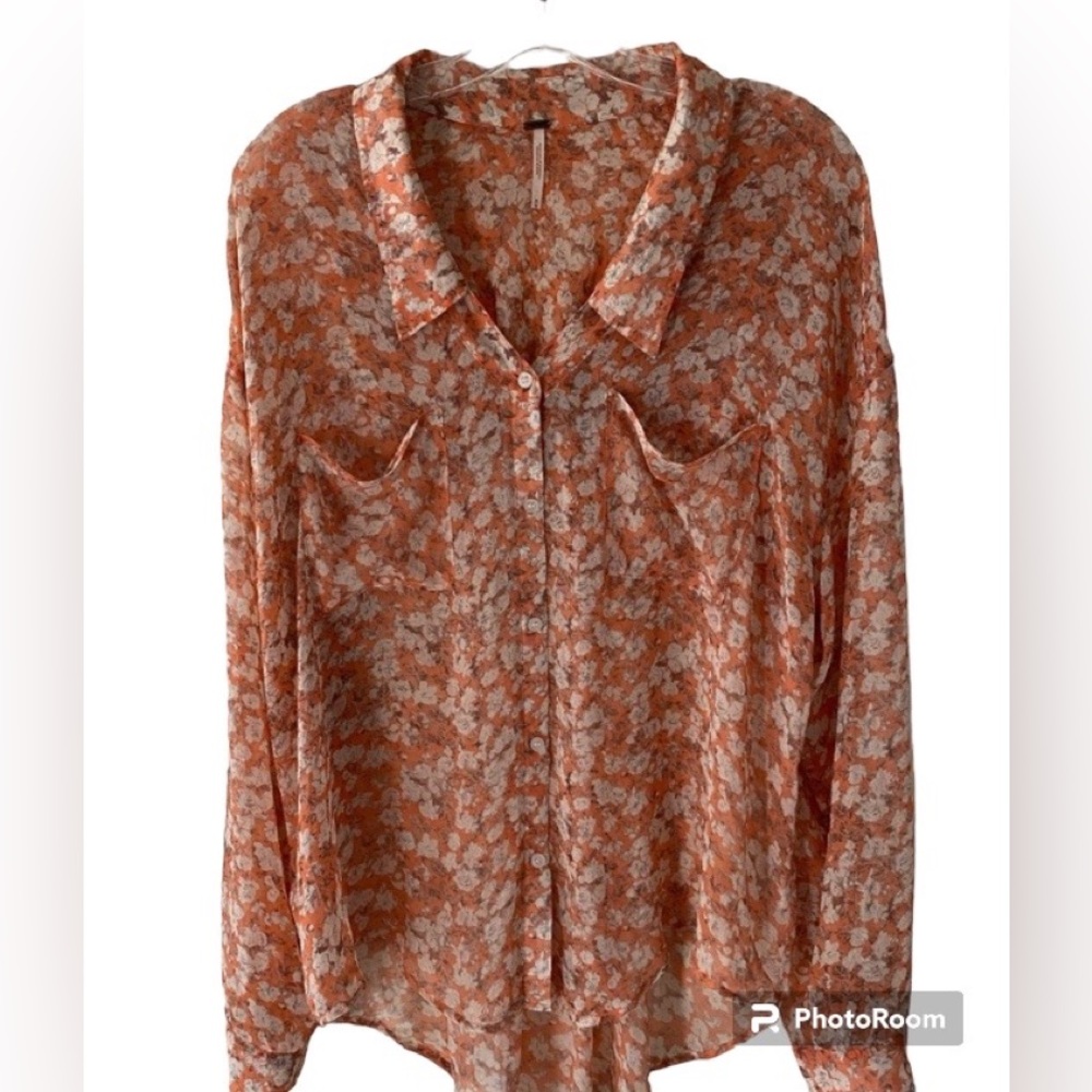 Free People Semi Sheer Floral Print Blouse Top Bohemian Button Tab Sleev…